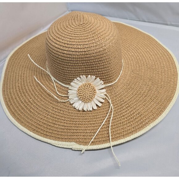 Wide Brim Floppy Straw Hat Daisy Flower Accent Natural Beige Summer beach nautic - Picture 8 of 10